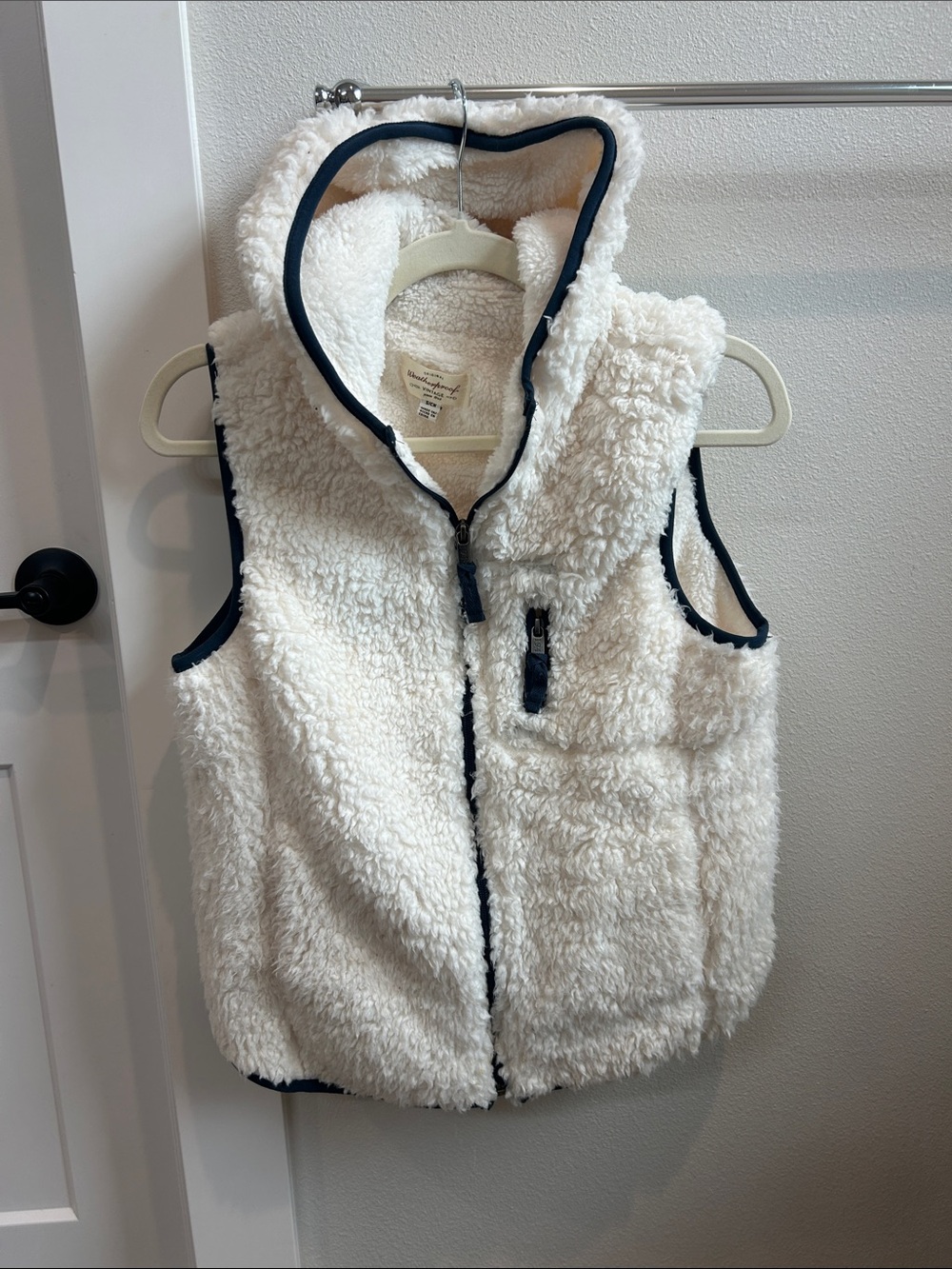 Women’s Cream Sherpa Hooded Vest with Navy Trim - Unbranded